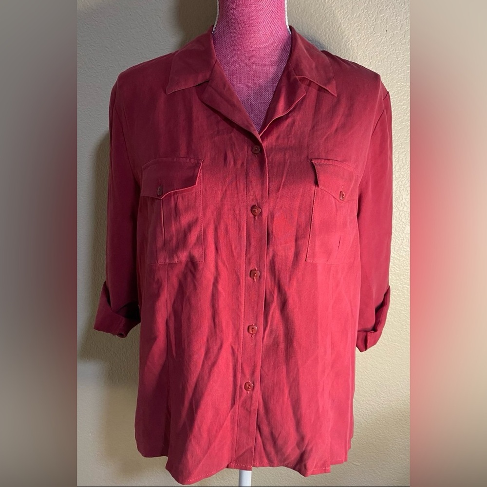 NWT Notations Silk Red button down Blouse